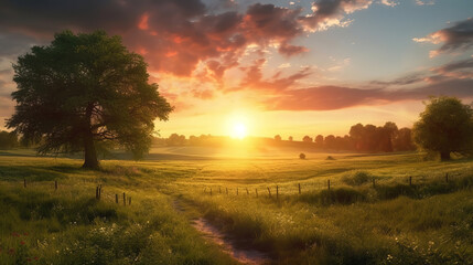 Naklejka na ściany i meble Beautiful Sunrise over a meadow with trees and a fence. Generative ai