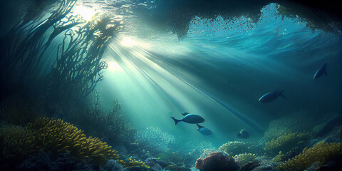 Underwater seascape - rays of light, fish and coral reef. Generative AI