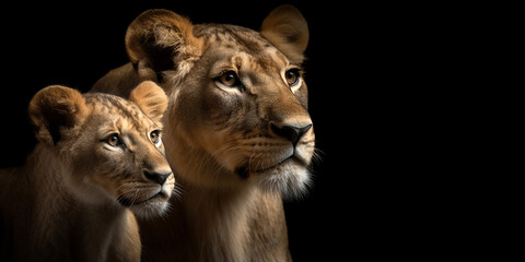 Obraz na płótnie Canvas Portrait of a lioness and her cub together next to each other, close-up and on an isolated black background. Generative AI