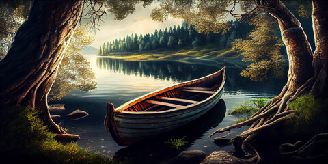 An old wooden boat near the shore of a small forest deserted lake. Generative AI