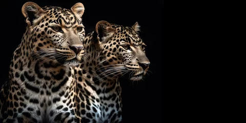 Foto op Plexiglas Portrait of two leopards or jaguars on an isolated black background. Generative AI © Tatiana
