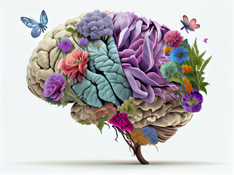 Conceptual image of a flowering human brain, on an isolated background. Generative AI