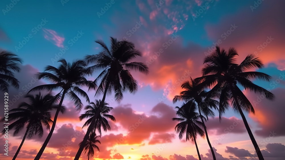 Wall mural Timelapse Silhouette coconut palm trees in beautiful sunset or sunrise. Generative ai - Wall murals