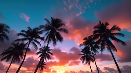 Fototapeta na wymiar Timelapse Silhouette coconut palm trees in beautiful sunset or sunrise. Generative ai