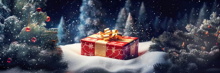 Weihnachtsgeschenk mit goldener Schleife liegt im Schnee umrahmt von Tannen mit Weihnachtskugeln. Banner Panorama Format mit Textfreiraum. Generative KI - 621589296