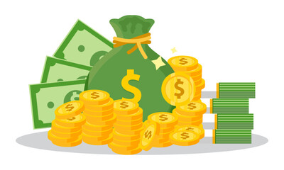 Money bag flat illustration. Dollars and gold coins stack. Wealth and banking icon. Isolated on white