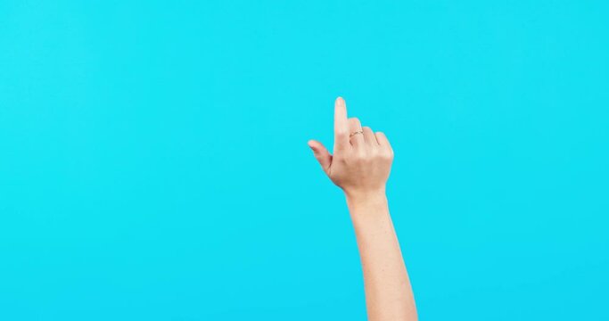 Hand, scroll and click on a mobile app, ux or interface on a search on the internet, web or social media on studio background. User, hands and finger to zoom, select or mockup of dashboard software