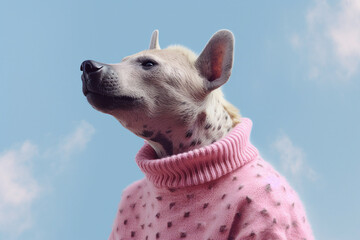 Template collage generated by ai of weird person with dog face enjoy summer under sky wear comfy sweater