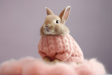 Generative ai picture collage photo of sweet little rabbit in pink woolen sweater easter shopping sale advertisement