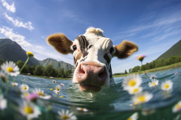 Generated ai collage advert for dairy product advertising organic fresh milk cute cow pasture in water eat flowers in beautiful scenery - obrazy, fototapety, plakaty
