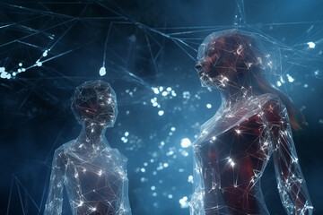 Technologies of the future and processes of cloning a living organism. Cloned woman in a digital cocoon.