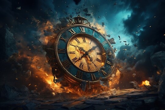 Clock Exploding in Thousands of particles. Generative AI.