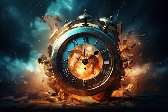 Clock Exploding in Thousands of particles. Generative AI.
