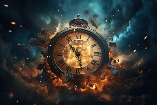 Clock Exploding in Thousands of particles. Generative AI.