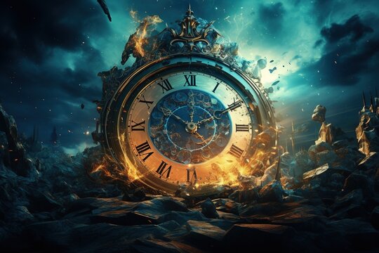 Clock Exploding in Thousands of particles. Generative AI.