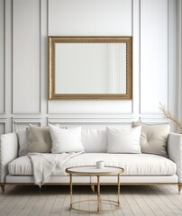 Empty Frame inside a Luxurious & Modern Living Room of color White. Generative AI.
