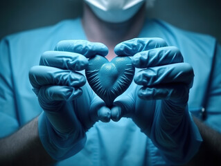Doctor hands in gloves in the heart shape against the surface of his body and medical gown. Doctor in blue medical gloves with a small heart in his hands. Realistic 3D illustration. Generative AI