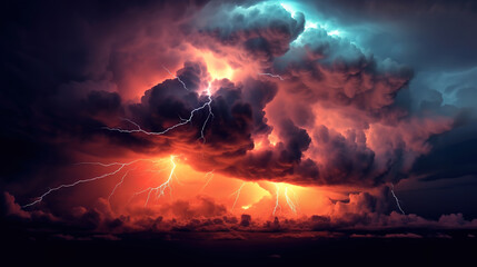 Obraz premium A dark stormy sky with lightning striking over the top of the clouds. Generative ai