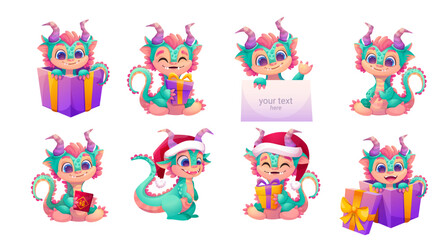 Obraz na płótnie Canvas Set of magic dragons, flying fairy animal. Cute characters in different poses, with gift box, Santa hat, and red envelope. Childish bright collection for your design. Vector cartoon illustration