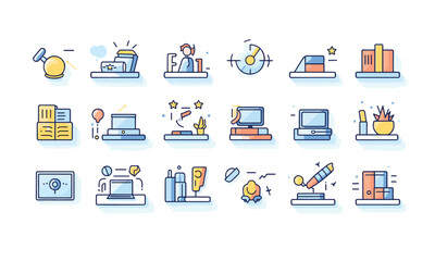 Set of e-learning line icons. Distance education and education online Online test, digital book, input, library, instructive site, meeting, educator - stock vector
