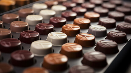 Assortment of fine chocolate candies, white, dark, and milk chocolate Sweets background. Copy space.