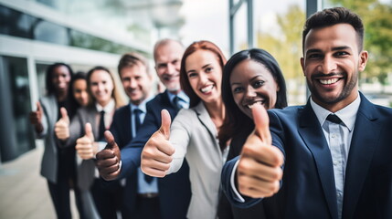 Illustration of smiling business people showing thumbs up in front of office. AI generated Illustration