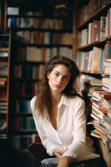 portrait of a woman/model/book character standing in a bookstore/library surrounded by books in in a fashion/beauty editorial magazine style film photography look - generative ai art