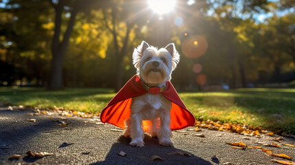 Superpet dog as superhero with cape background. Ultrarealistic photo of a superdog in the afternoon in the park. Happy super pet. Realistic 3D illustration. Generative AI - obrazy, fototapety, plakaty