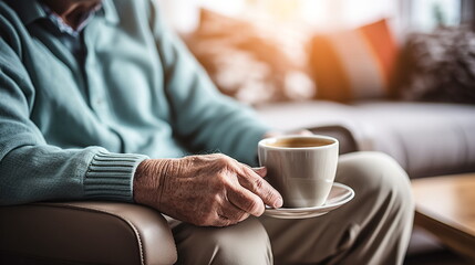 Fototapeta na wymiar Illustration of Closeup of senior man holding cup of coffee while sitting on sofa at home. AI generated Illustration