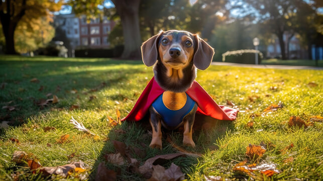 Superpet dog as superhero with cape background. Ultrarealistic photo of a superdog in the afternoon in the park. Happy super pet. Realistic 3D illustration. Generative AI