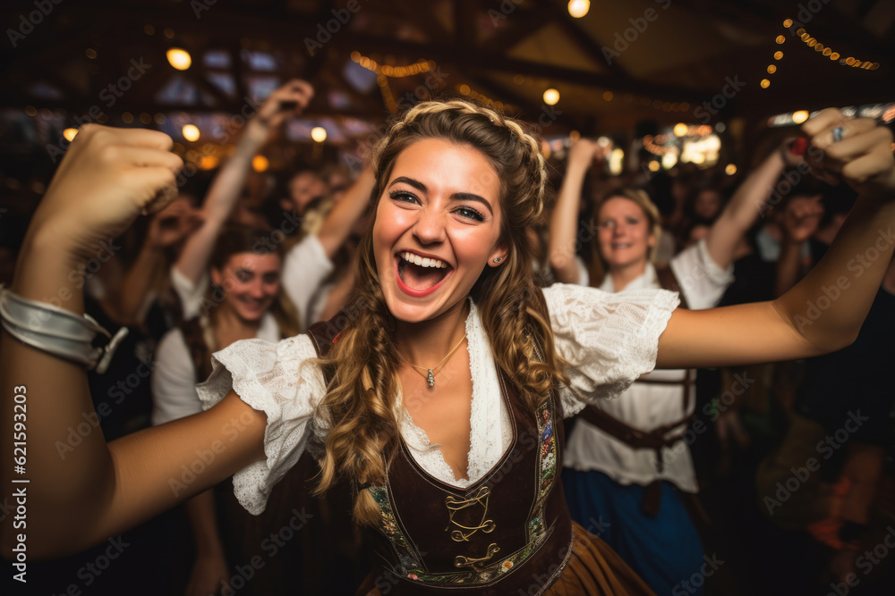 Wall mural Oktoberfest waitress having fun and dancing at a beer festival event wearing a traditional costume