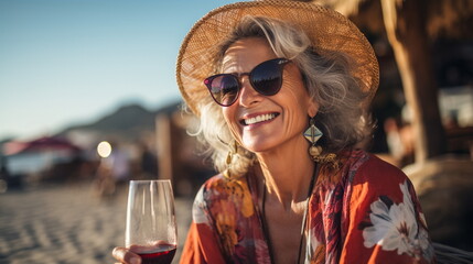 Beautiful woman drinking red wine on the beach. Portrait of a happy mature woman with a glass of red wine. AI generated Illustration