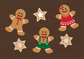 Fototapeta na wymiar Top view vector illustration of gingerbread man, woman, star and snowflakes
