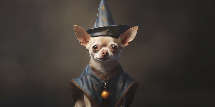 Cute chihuahua dog dressed as a wizard on dark background. halloween