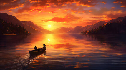 Sunset on Langjicuo God Lake, Jilong County, China. Generative ai