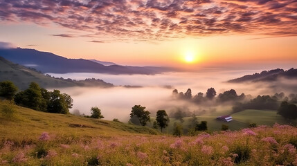 Obraz premium Beautiful sunset in the mountains panorama. Generative ai