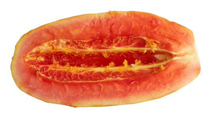 Close-up of sliced ripe papaya fruit in yellow-orange colors isolated on transparent background