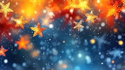 Christmas stars lights with falling snow, snowflakes, Winter. Generative ai