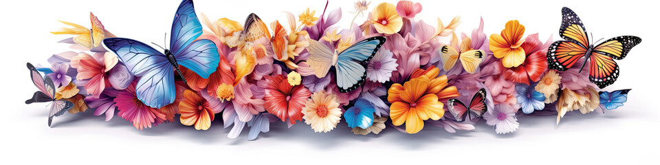 Border, frame. Butterfly abstract collage made from fresh summer flowers. Isolated