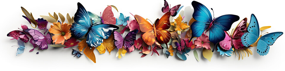 Border, frame. Butterfly abstract collage made from fresh summer flowers. Isolated
