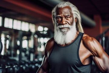 Fototapeta na wymiar Generative AI illustration of very muscular old man with long gray hair training in a gym with dumbbells.