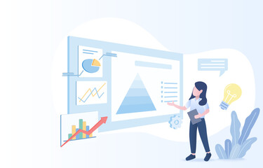 Business ideas concept. Businesswoman present data analysis, financial report, marketing chart, investment trend, graph. Flat vector design illustration.