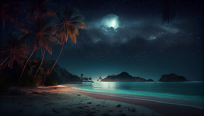 Fototapeta na wymiar Tropical night summer beach, stunning seascape scene with starry sky, ocean and palm trees. Sea shore outdoor background. Vacation travel destinations