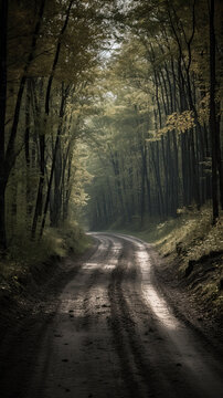 Winding dirt forest road. No people.