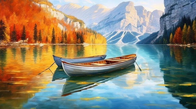 Row Boats on Italy's Famous Lake Braies, Italian Dolomites. Generative ai