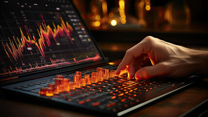 close up hand Businessman planning invest project target indicator computer mouse keyboard rising graph background.