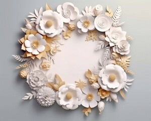 White and beige paper flowers on a light gray  background.Floral trendy abstract background with 3d paper flowers. AI generated