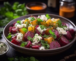  Roasted beetroot and pumpkin salad with feta cheese on dark background. Top view. AI generated - obrazy, fototapety, plakaty
