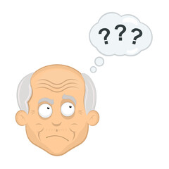 vector illustration face grandfather or old man cartoon thinking or doubtful, with a thought cloud and question marks