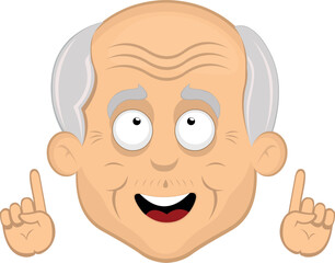 vector illustration face grandfather or old man, observing and pointing upwards with your hands